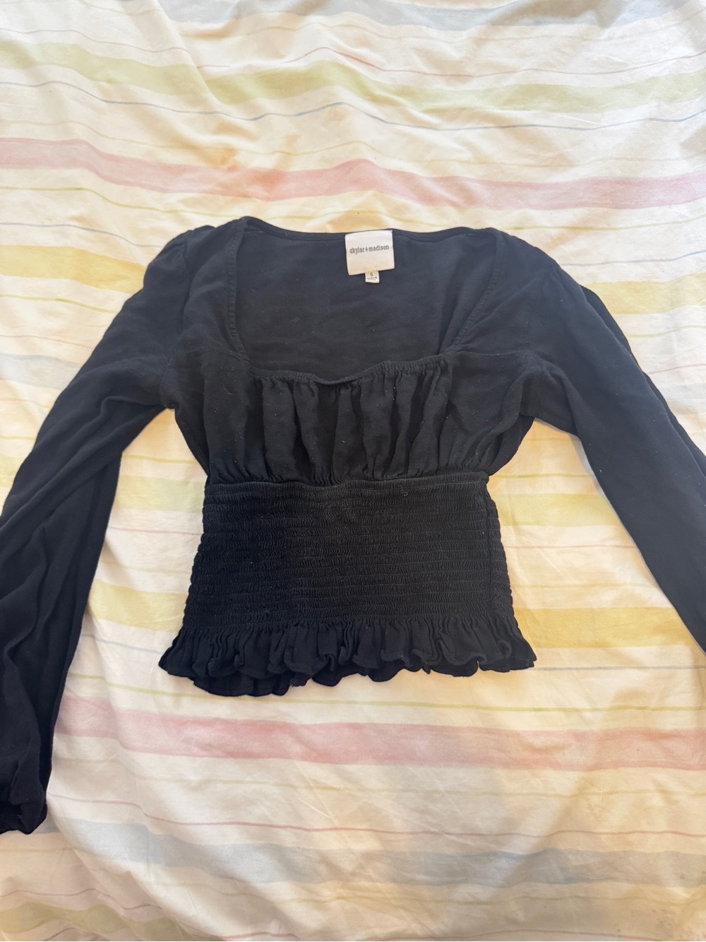 Black Smocked Long-Sleeve Women’s Top